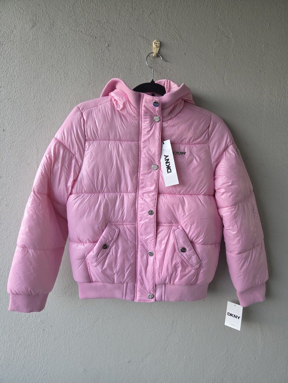 DKNY Girls Light Pink Quilted Hooded Puffer Jacket Sz M 10 12 NWT